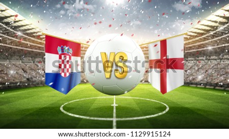 Croatia vs England.\
Soccer concept. White soccer ball with the flag in the stadium, 2018. 3d render