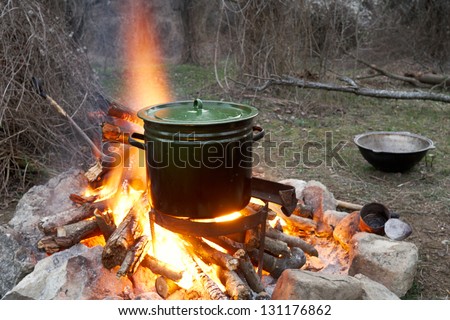 Large a pan of food being cooked on a fire in the forest