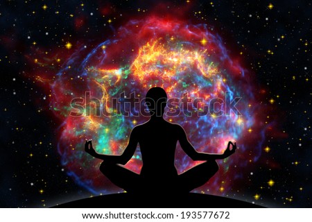 Female yoga figure against  universe background with Supernova explosion.