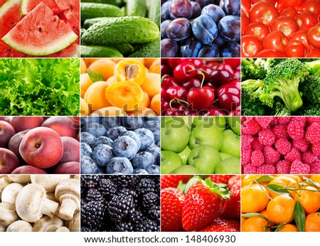collage with various fruits, berries, herbs and vegetables