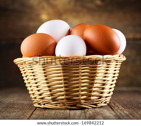 eggs in a basket on wooden table