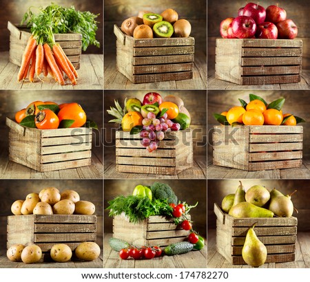 collage of various fruits and vegetables on wooden box