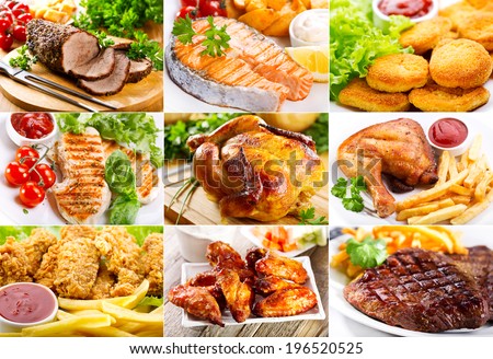collage of various meals with meat, fish and chicken