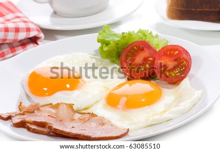 breakfast with fried egg and bacon with vegetables