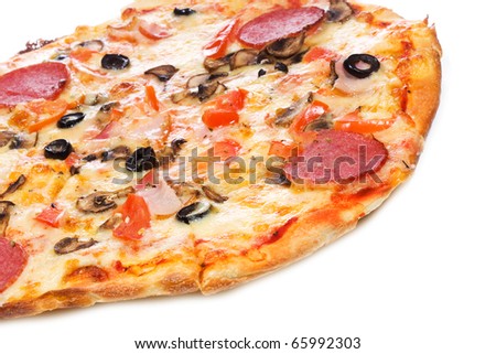 pizza with salami and vegetables on white background