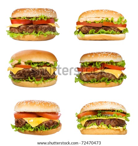 set with hamburgers on white background