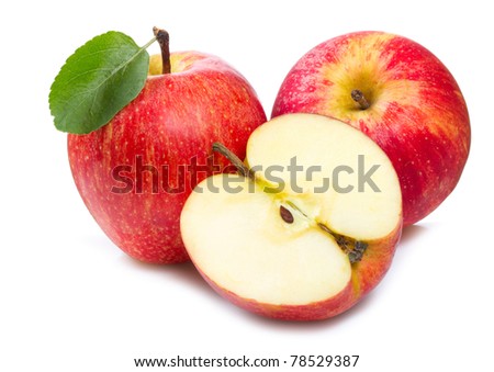 red apples with leaf on white background