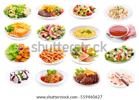 set of various plates of food isolated on white background