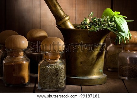 still life with different herbs and spices