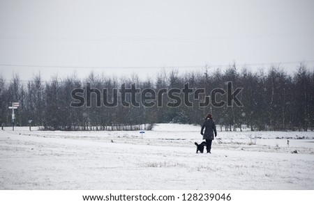 A woman walking her dog in the snow while it\'s falling in rural area of Purmerend, Netherlands