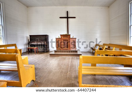 Beautiful interior of little country church in the Great Smoky Mountains National Park