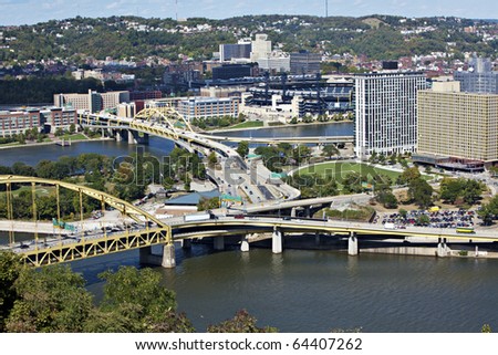 Beautiful downtown Pittsburgh, PA showing buildings, bridges and rivers