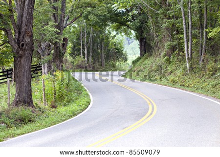 Narrow  country road and pasture with green trees and fence