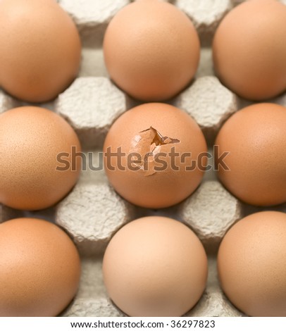 A tray of eggs, one with a crack