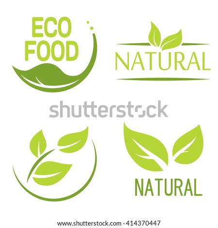 Set of bubbles, stickers, labels, tags with text. Natural, eco food. Organic food badges in vector (cosmetic, food). Vector logos. Natural logos with leaves.