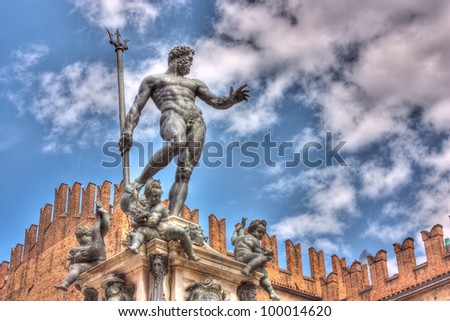 the antique statue of Neptune, the god of water and the sea in roman mythology and religion, an famous monument of the italian Renaissance, in Bologna, Italy - hdr image