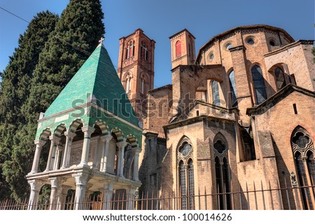 antique church of S. Francesco in Bologna, one of the best example of french gothic style in Italy, and Glossatori tombs, the graves of important italian lawyers, teachers and scholars - hdr image