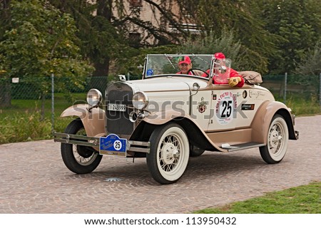 CLASSE, RAVENNA, ITALY - SEPTEMBER 23: an old car Ford A Roadster Deluxe (1951) runs in rally Gran Premio Nuvolari 2012, endurance race for classic cars, on September 23, 2012 in Classe (RA) Italy