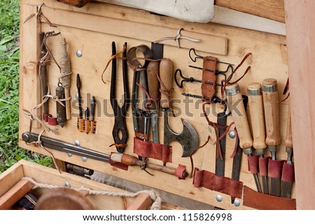 woodworking tools of antique joinery - old equipment for wood craft manufacture