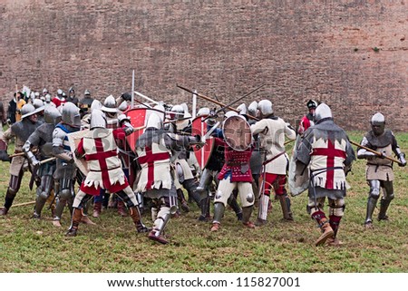 TERRA DEL SOLE, ITALY - SEPTEMBER 29: historical re-enactment of medieval battle at festival  \