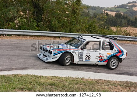 PREDAPPIO, ITALY - JULY 21: unidentified driver on a vintage racing car Lancia Delta S4 at rally \