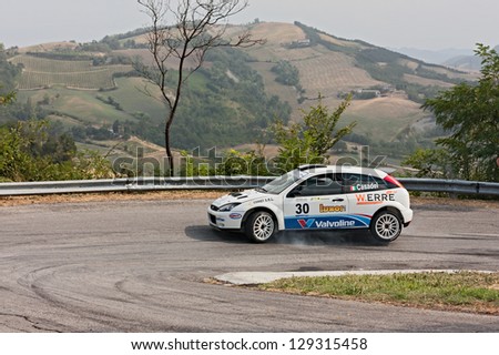 PREDAPPIO, ITALY - JULY 21: unidentified driver on a rally car Ford Focus WRC at rally \