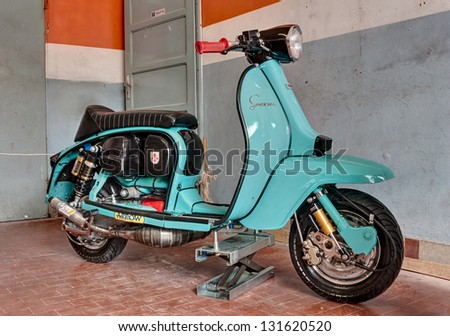 RIOLO TERME (RA) ITALY - APRIL 15: italian scooter tuning; old tuned Lambretta Special of the 60s at \