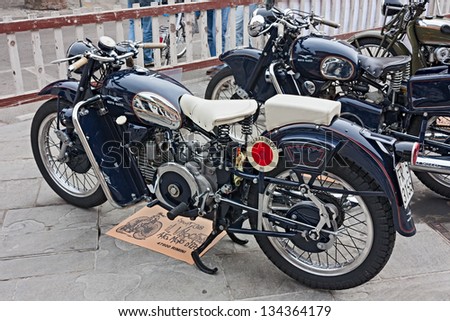 FORLIMPOPOLI, FC, ITALY - APRIL 1: old motorcycle Moto Guzzi Falcone S belonged to the italian police at exhibition \
