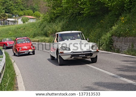 BORGO RIVOLA (RA), ITALY - MAY 1: unidentified crew on a vintage french car Citroen DS in rally for classic cars \