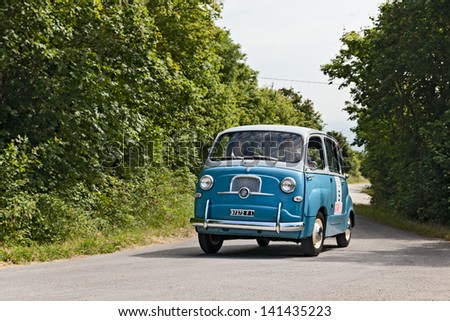 MELDOLA, FC, ITALY - JUNE 2: unidentified drivers on an old car Fiat 600 Multipla runs in rally for classic cars \
