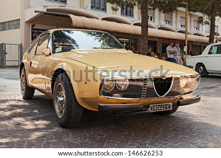 MARINA DI RAVENNA, ITALY - JULY 14: a vintage car Alfa Romeo Junior Zagato parked during the rally of classic cars \