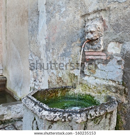 water running in a public drinking fountain with ancient lion head sculpture and stone basin, in Spoleto, Umbria, Italy