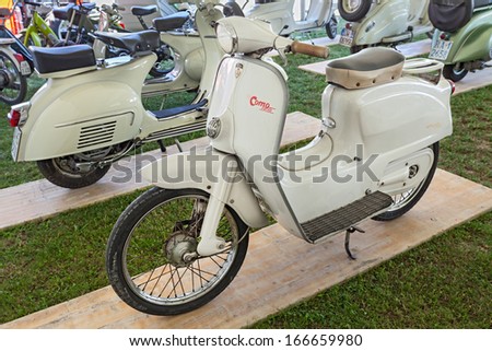 FOGNANO, RA, ITALY - JULY 6: vintage italian scooter Agrati Como exposed at vintage motorcycle show of Motoclub i Bradipi during the festival \