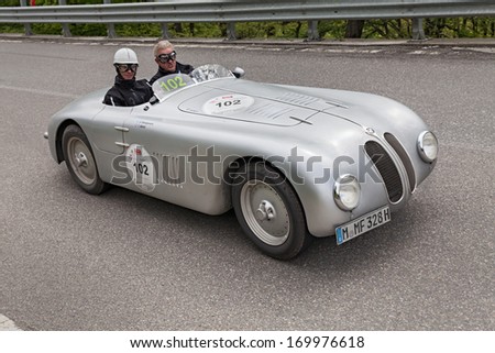 RAVENNA, ITALY - MAY 17: unidentified drivers on an old racing car BMW 328 \