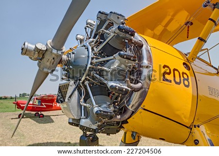 LUGO, RA, ITALY - JUNE 7: Jacobs R-755 radial engine of a vintage biplane aircraft Boeing Stearman Model 75 (1941) at festival \