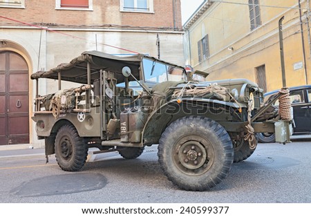 FAENZA, ITALY - NOVEMBER 2: old offroad light truck Dodge D 3/4 APT WP Canada, World War II era, at the military vehicle rally in festival \