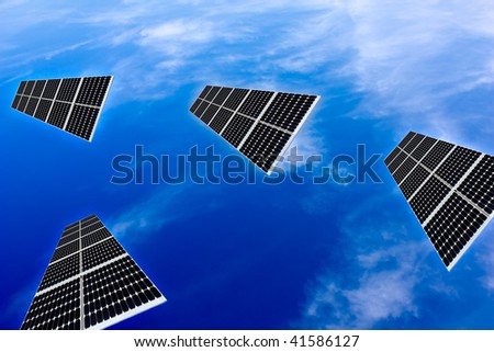 solar panels flying in the sky - photovoltaic panel to produce clean energy - sustainable, renewable, alternative source