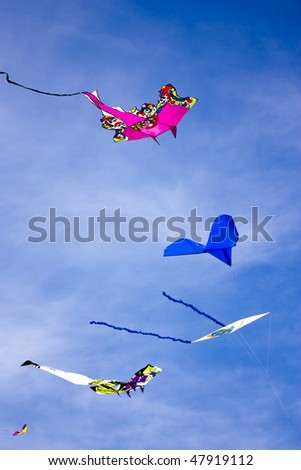 kites flying in the sky at international kite festival of Cervia - Italy