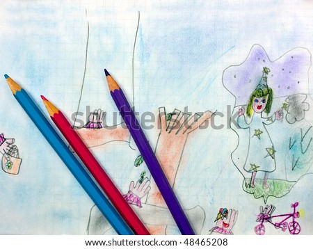 child drawings with colored crayon on scholastic exercise book