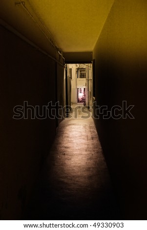 narrow dark alley, dirty grunge passage in old decadent palace of old town