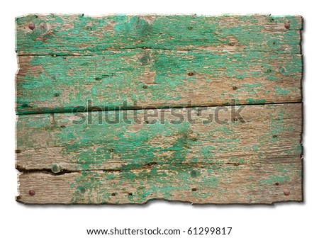 a blank tablet of wood with old nails and remains of green paint,  wooden banner for sign and inscription