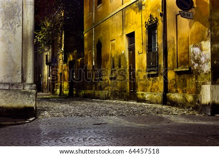 dark alley at night, narrow dirty corner, street  in the old town