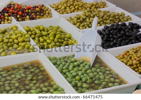 olives salted preserved in brine or pickle at the italian market
