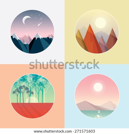 four seasons round landscape icons vector illustrations in low polygon style. Winter mountain peaks with snow, autumn forest triangular peaks, spring woods with poppies field and ocean in the summer.
