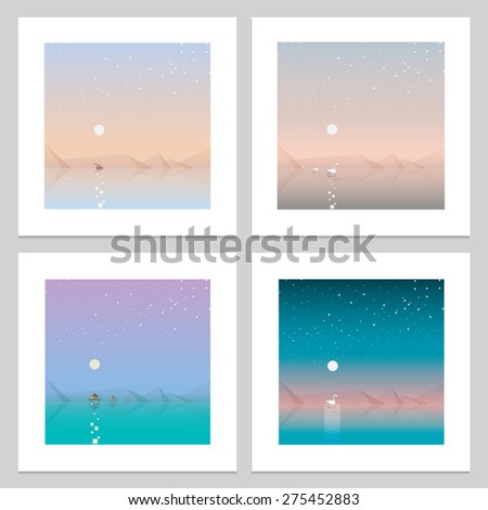 four contemporary abstract landscape print wallpaper designs in geometric low polygon style. Ocean view artworks with sunsets, moonlight, swans swimming, fisherman fishing and water bungalows floating