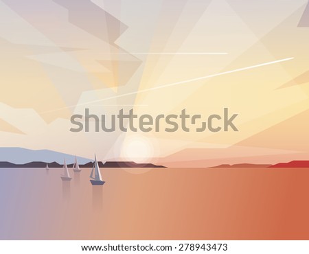 abstract ocean view landscape with sailing boats on colorful sunset and airplanes traveling through the sky. Summer holidays recreation