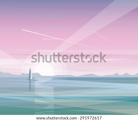 abstract minimalistic summer landscape ocean view with lighthouse on purple sunset