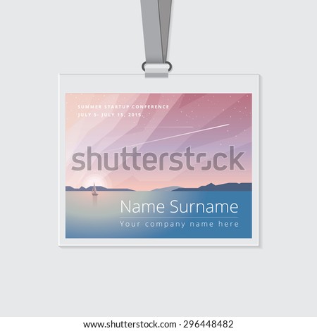 Conference Name Tag Mockup Template With Summer Theme Vector Illustration Ocean View Landscape Conference Name Tag Template