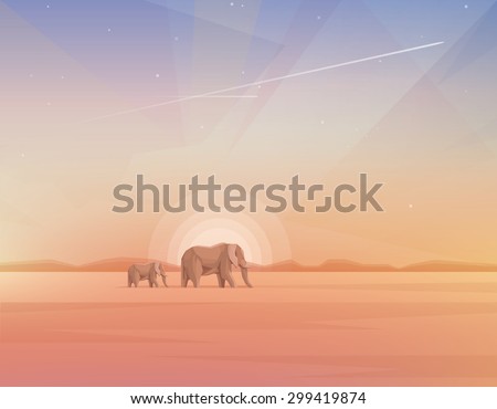 elephants journey through desert landscapes of Africa. Abstract conceptual minimalistic contemporary vector illustration