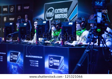 KATOWICE, POLAND - JANUARY 20: Azubu Frost clan (League of Legends players) at Intel Extreme Masters 2013 - Electronic Sports World Cup on January 20, 2013 in Katowice, Silesia, Poland.